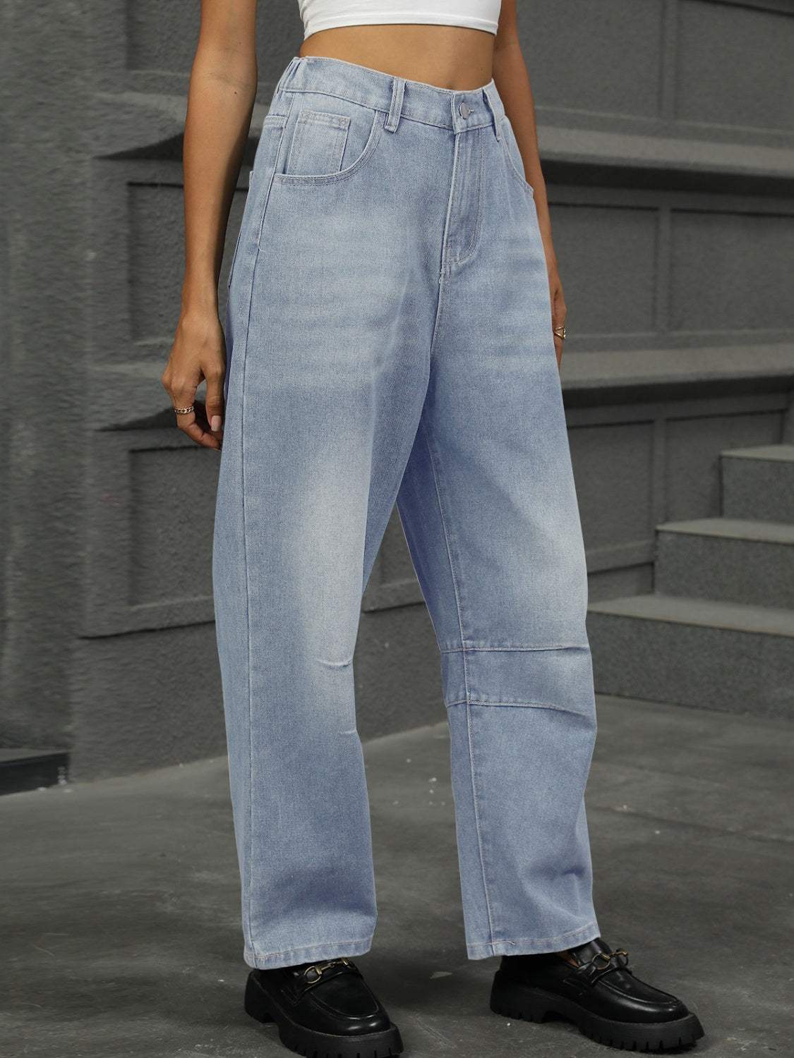 Half Elastic Waist Straight Leg Jeans - Trendsi - Flyclothing LLC