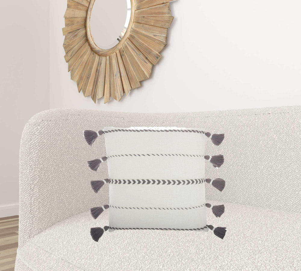 Bohemian White Cotton Accent Pillow With Grey Tassel Details - Homeroots - Flyclothing LLC
