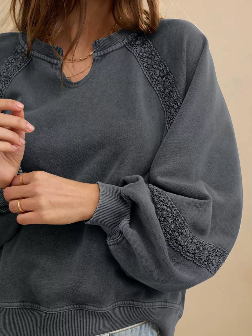 Lace Patchwork Detail Notched Mineral Wash Sweatshirt - Trendsi - Flyclothing LLC