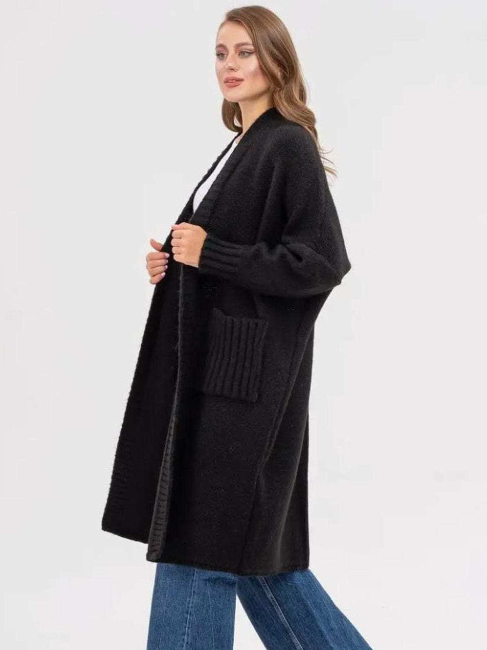 Pocketed Open Front Long Sleeve Longline Cardigan - Trendsi - Flyclothing LLC
