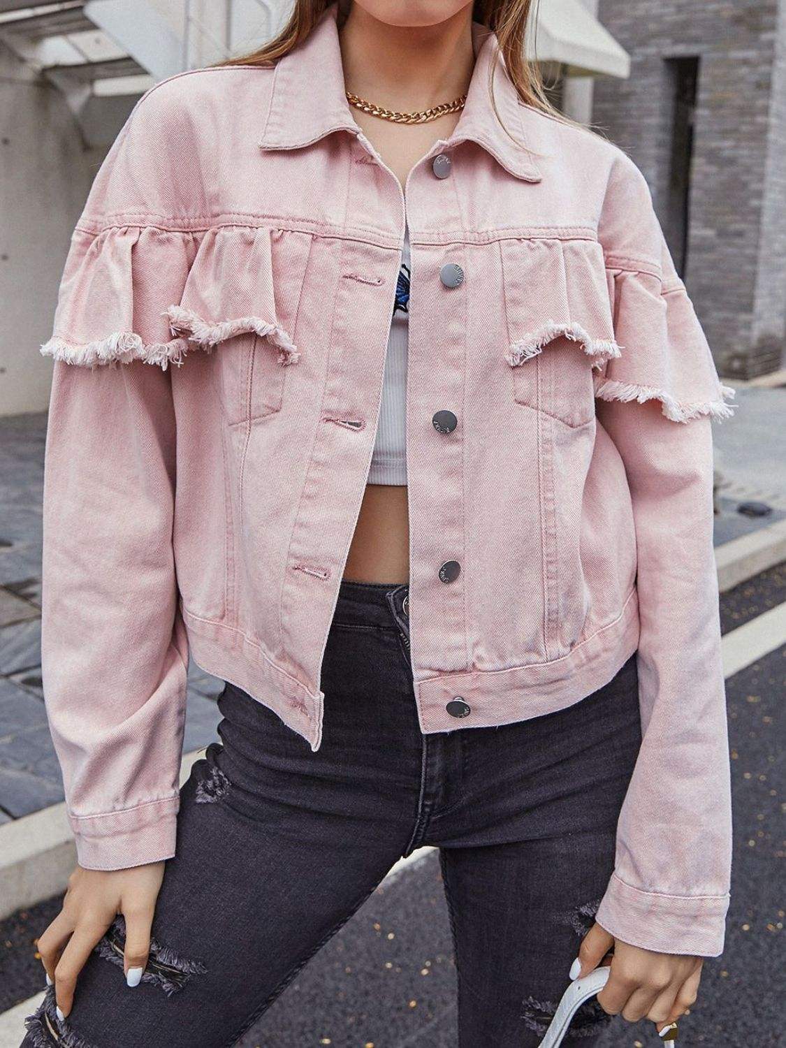 Ruffled Collared Neck Long Sleeve Denim Top - Trendsi - Flyclothing LLC