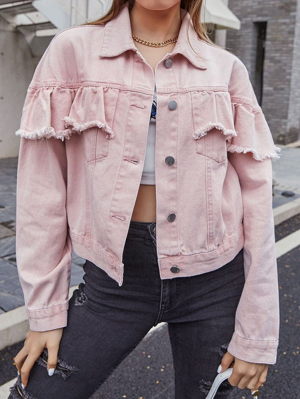 Ruffled Collared Neck Long Sleeve Denim Top - Trendsi