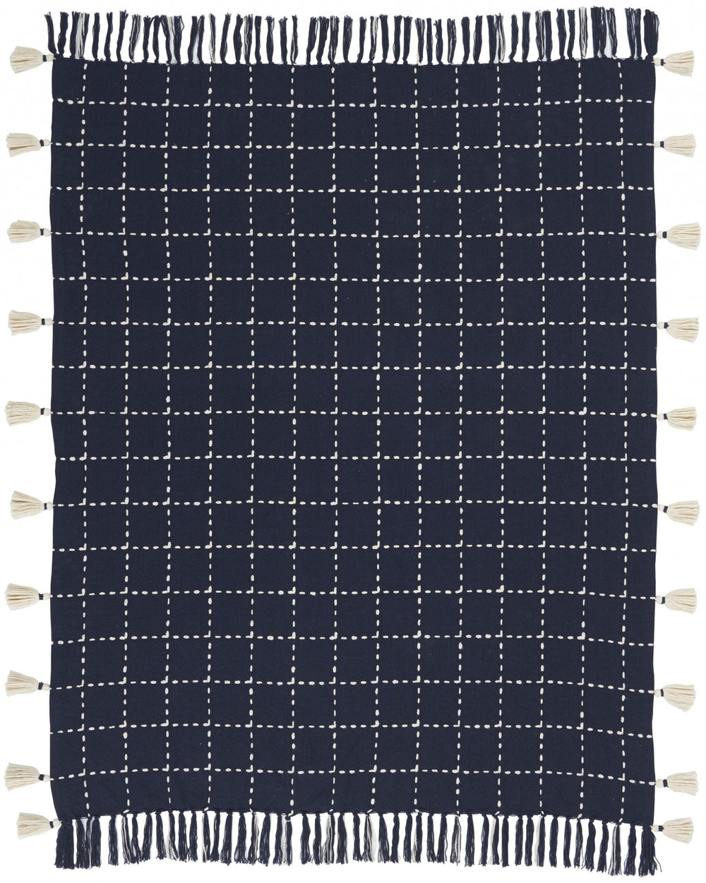 Navy And White Stitched Square Pattern Cotton Throw Blanket - Homeroots