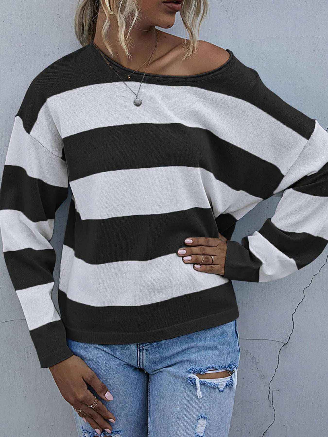 Striped Casual Long Sleeve Knit Top - Trendsi - Flyclothing LLC