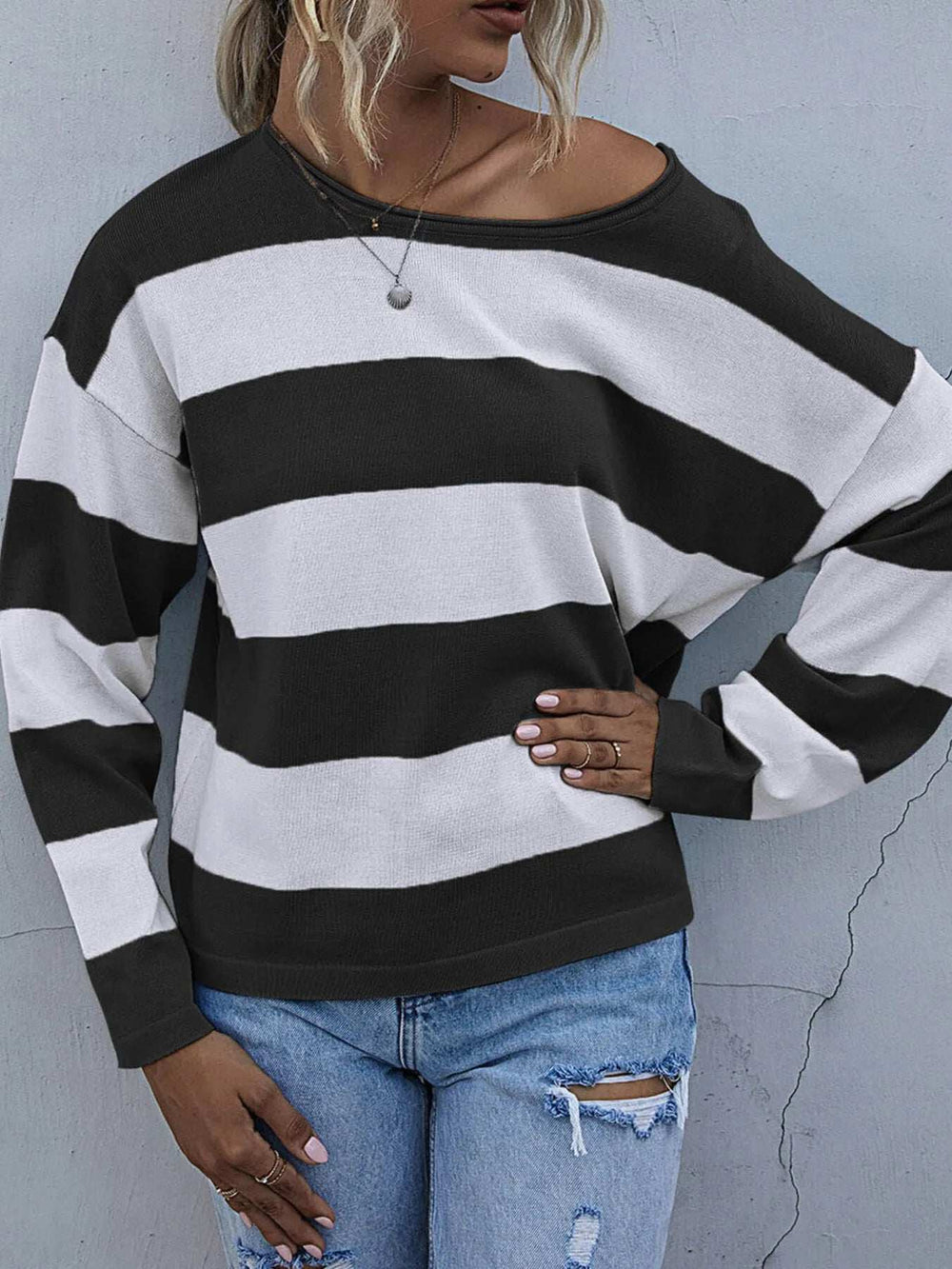 Striped Casual Long Sleeve Knit Top - Trendsi - Flyclothing LLC