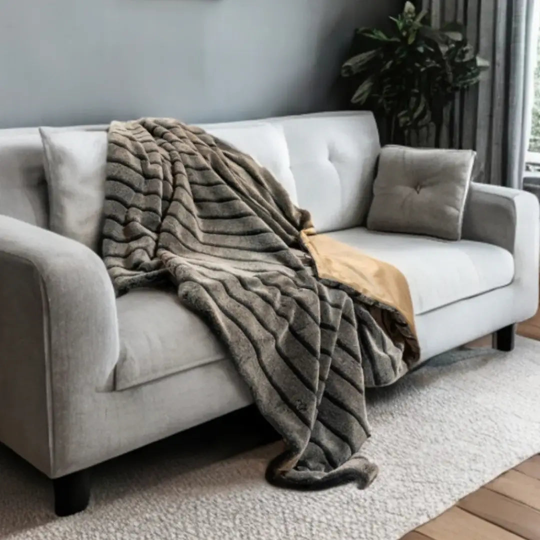 Gray Faux Fur Striped Plush Throw - Homeroots - Flyclothing LLC