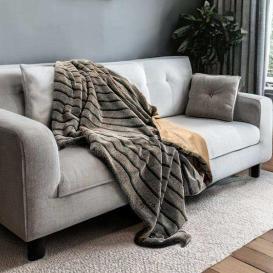 Gray Faux Fur Striped Plush Throw - Homeroots - Flyclothing LLC