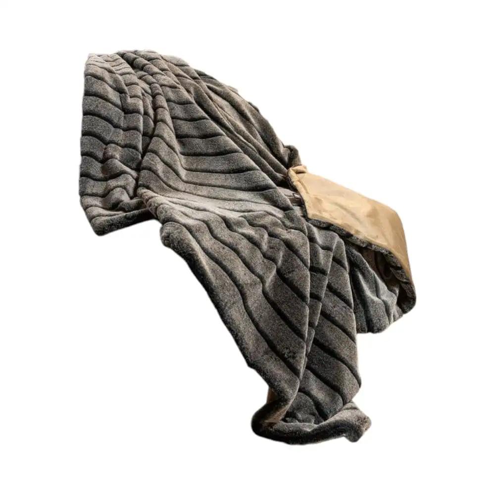 Gray Faux Fur Striped Plush Throw - Homeroots