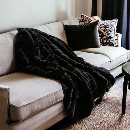 60" X 2" Black Faux Fur Plush Throw Blanket - Homeroots