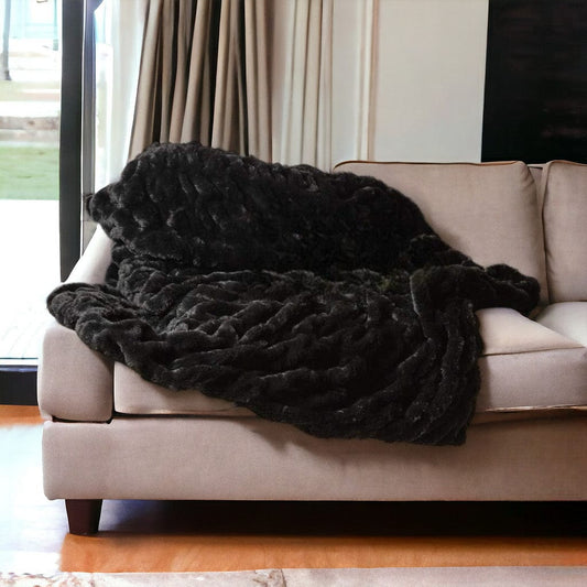 60" X 2" Black Faux Fur Plush Throw Blanket - Homeroots