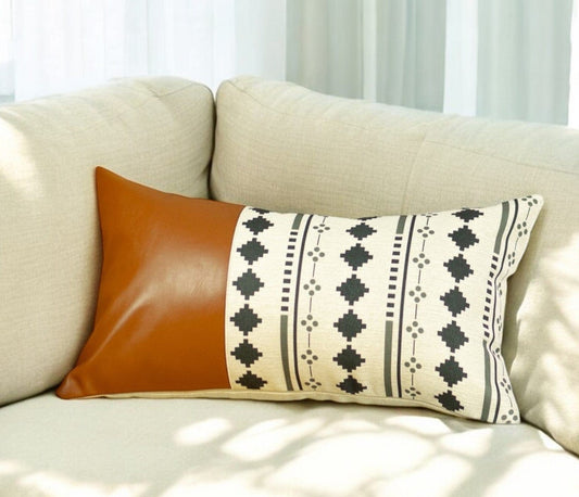 12" X 20" Brown and White Faux Leather Throw Pillow Cover - Homeroots