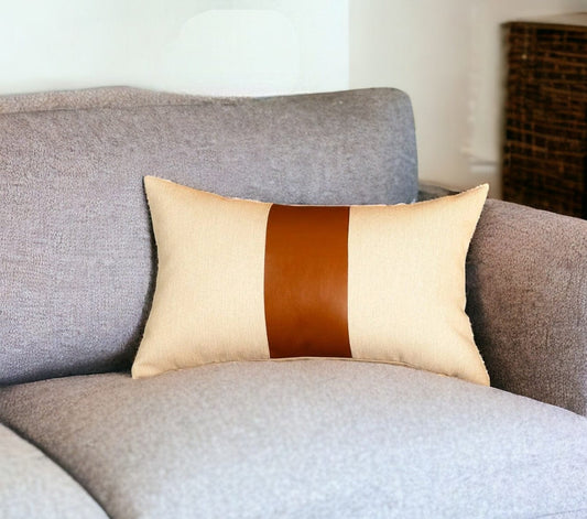 12" X 20" Brown and White Faux Leather Throw Pillow Cover - Homeroots