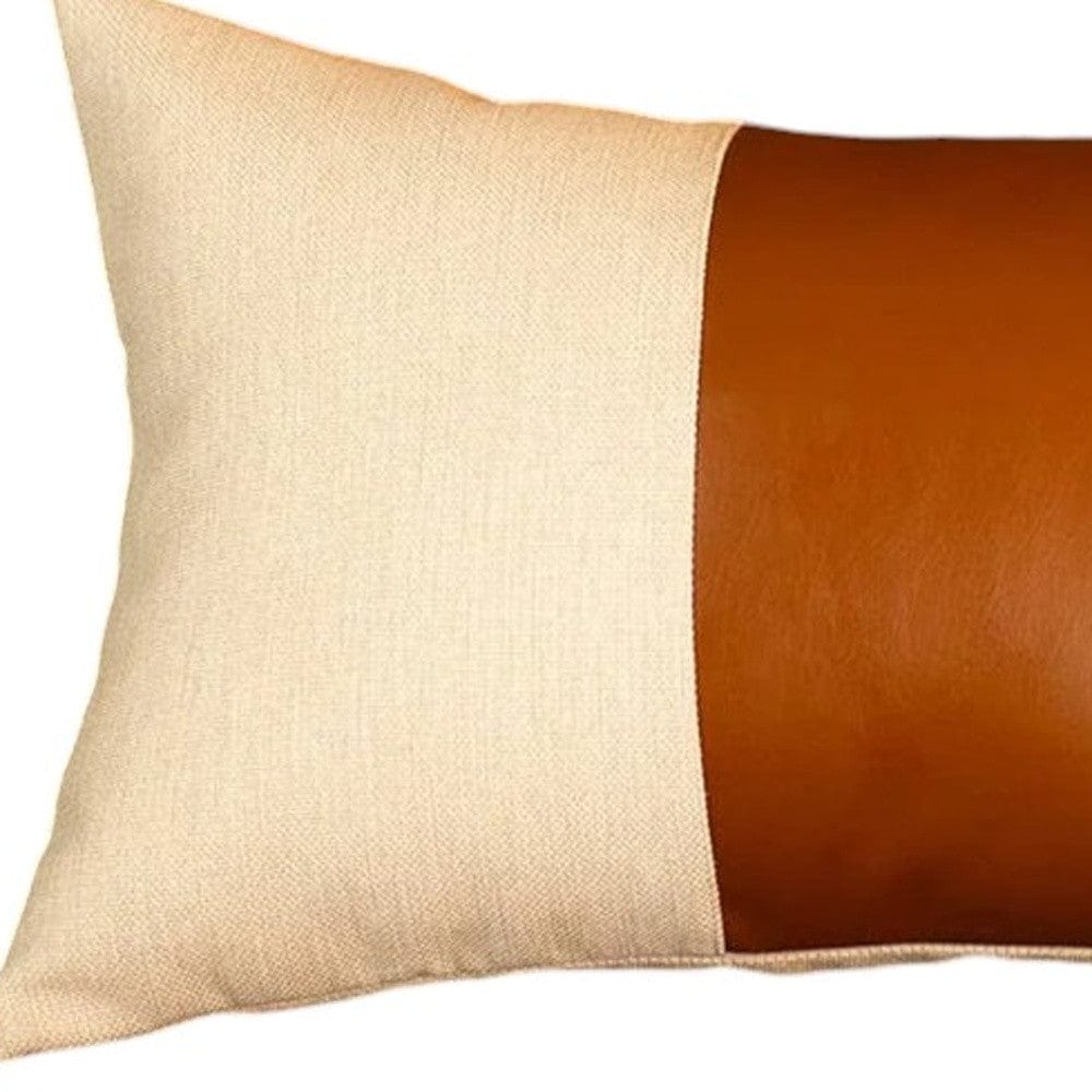 12" X 20" Brown and White Faux Leather Throw Pillow Cover - Homeroots