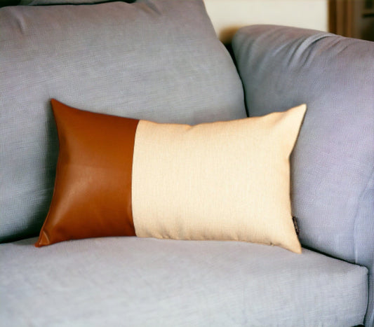 12" X 20" Brown and White Faux Leather Throw Pillow Cover - Homeroots