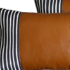 Set Of 2 Striped And Bright Brown Faux Leather Lumbar Pillow Covers