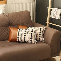 Set Of 2 Diamond Patterned And Brown Faux Leather Lumbar Pillow Covers - Homeroots