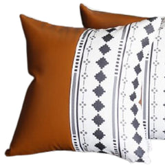 Set Of 2 Half Diamond Patterns And Rustic Brown Faux Leather Lumbar Pillow Covers - Homeroots
