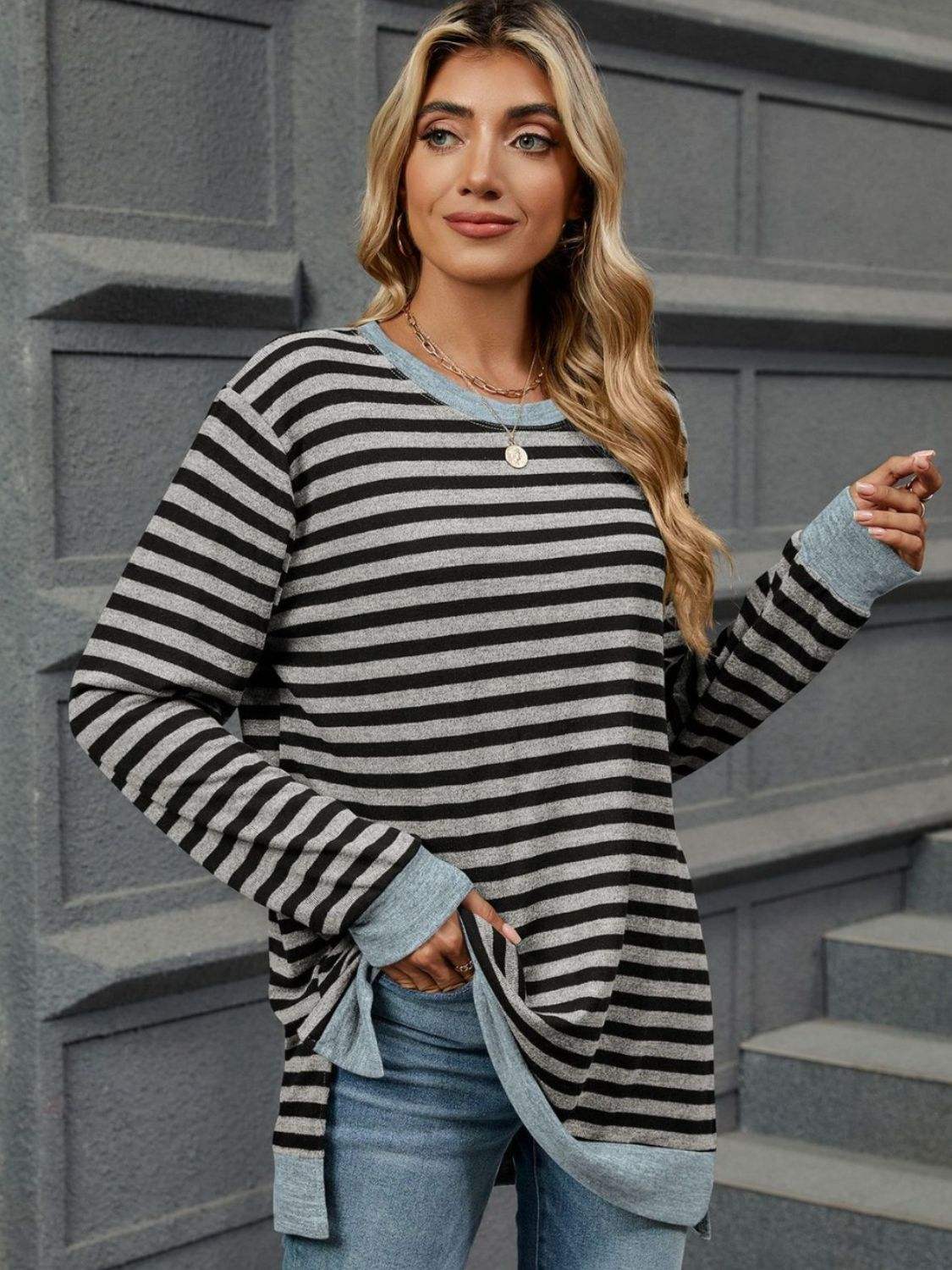 Striped Round Neck Long Sleeve T-Shirt - Trendsi - Flyclothing LLC