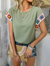 Devine Swiss Dot Round Neck Crochet Short Sleeve Top - Trendsi - Flyclothing LLC