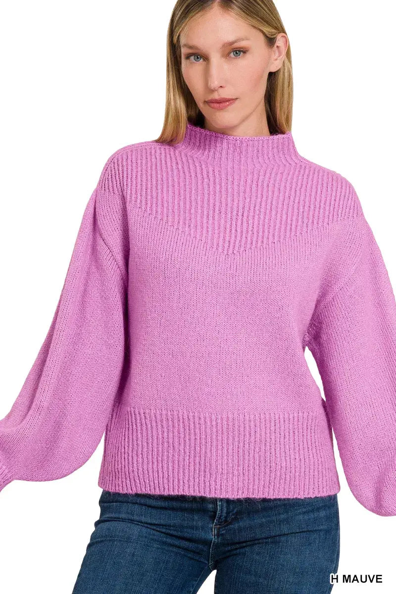 Zenana Balloon Sleeve Mock Neck Sweater - Trendsi - Flyclothing LLC