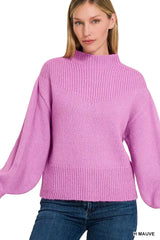 Zenana Balloon Sleeve Mock Neck Sweater - Trendsi - Flyclothing LLC