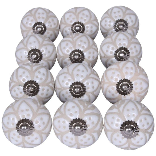 Set Of Twelve Vintage Beige And White Floral Ceramic Knobs - Homeroots - Flyclothing LLC
