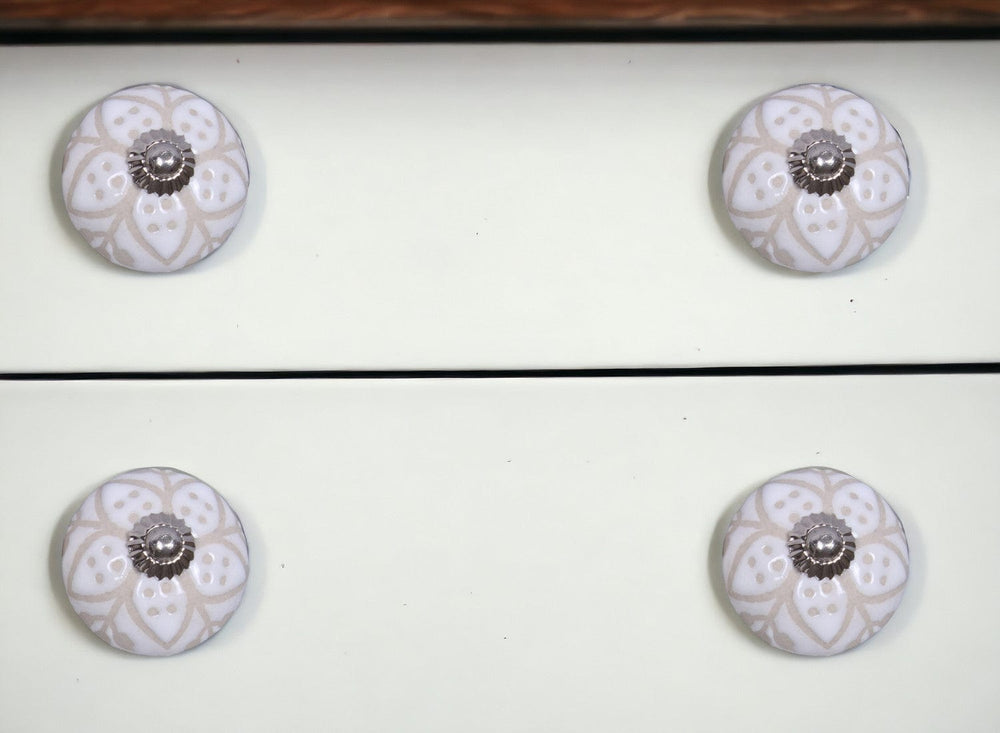 Set Of Twelve Vintage Beige And White Floral Ceramic Knobs - Homeroots