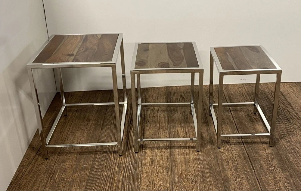 Set of Three 21" Silver And Brown Solid Wood Nested Tables - Homeroots - Flyclothing LLC