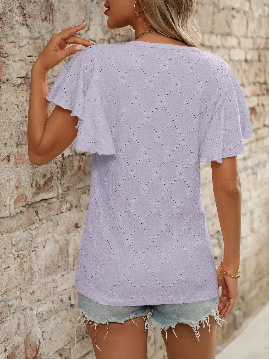 Eyelet Round Neck Flutter Sleeve Top - Trendsi - Flyclothing LLC