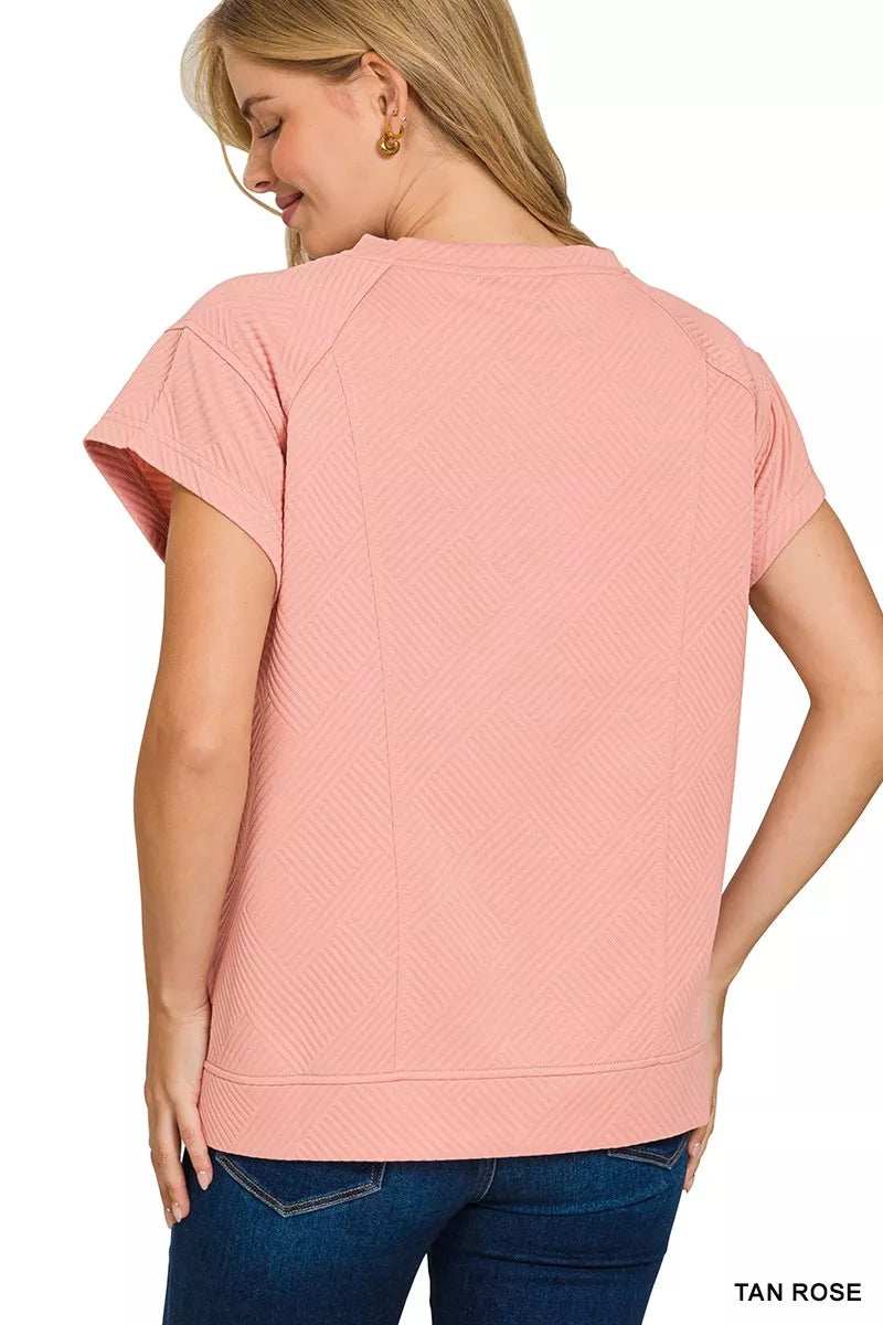 Zenana Textured Knit Jacquard Short Sleeve Top - Trendsi - Flyclothing LLC
