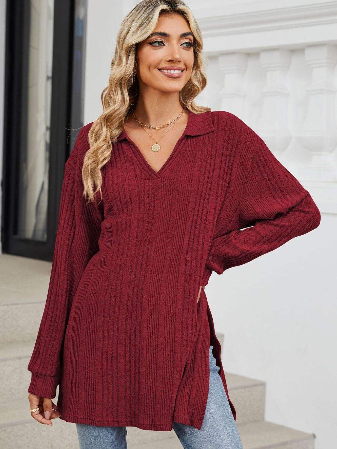 Slit Johnny Collar Long Sleeve T-Shirt - Trendsi - Flyclothing LLC