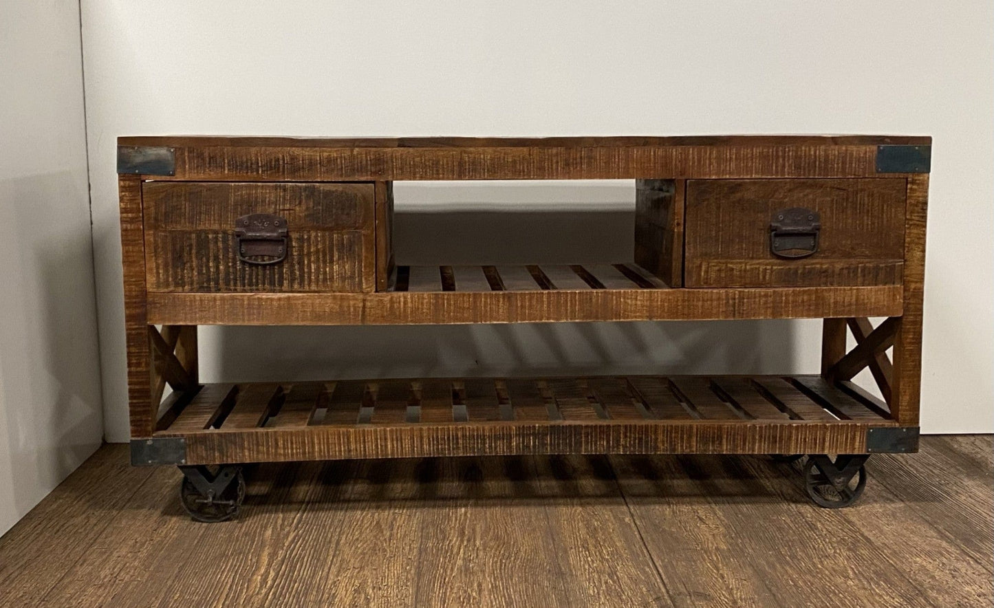 18" Brown and Black Solid Wood Distressed Wheel Console Table With Shelves And Drawers - Homeroots - Flyclothing LLC