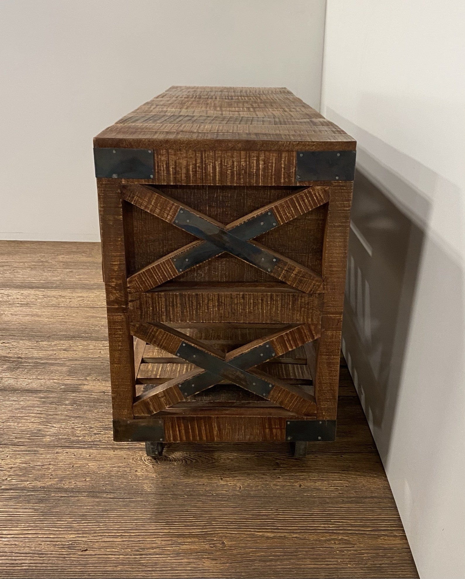 18" Brown and Black Solid Wood Distressed Wheel Console Table With Shelves And Drawers - Homeroots - Flyclothing LLC