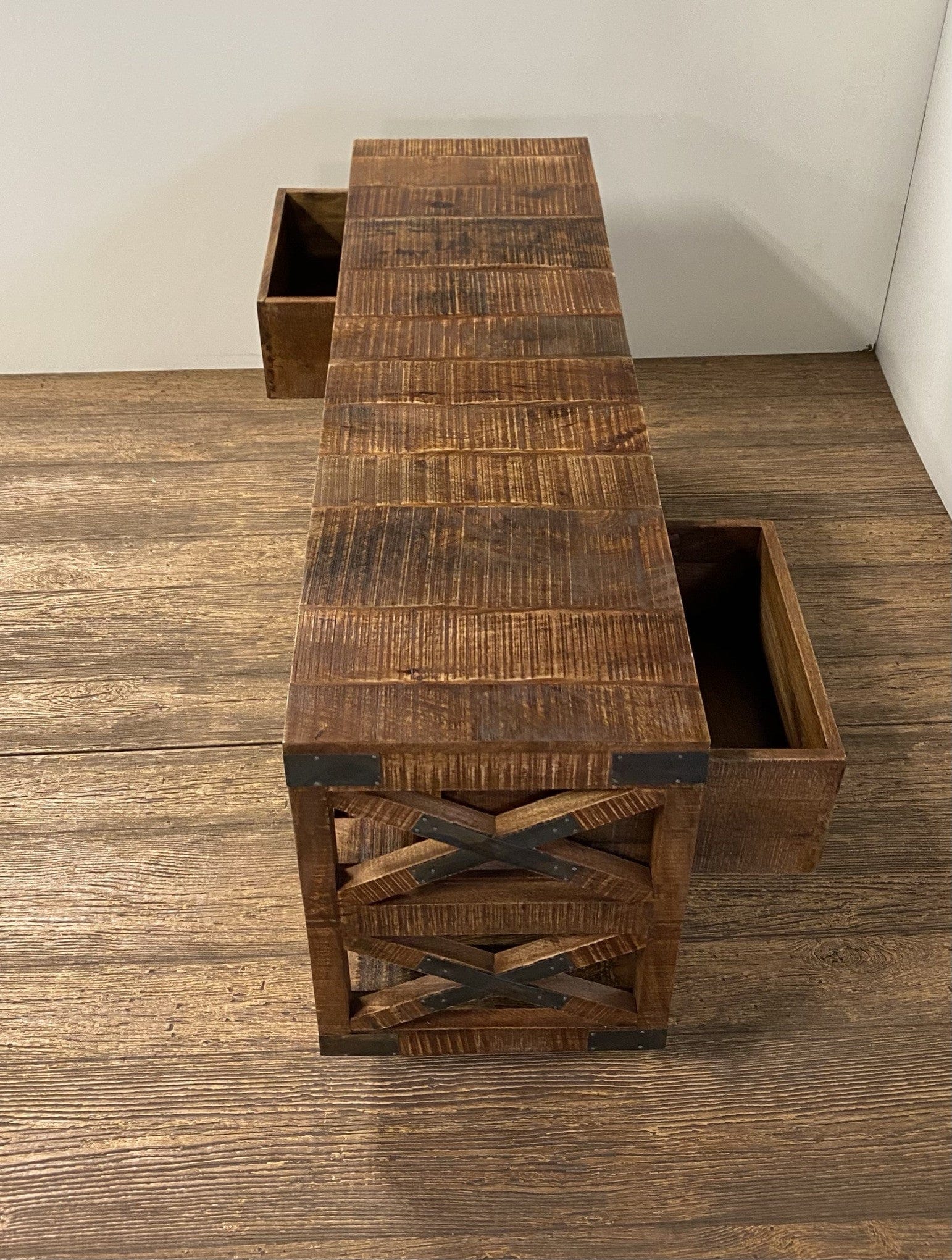 18" Brown and Black Solid Wood Distressed Wheel Console Table With Shelves And Drawers - Homeroots - Flyclothing LLC