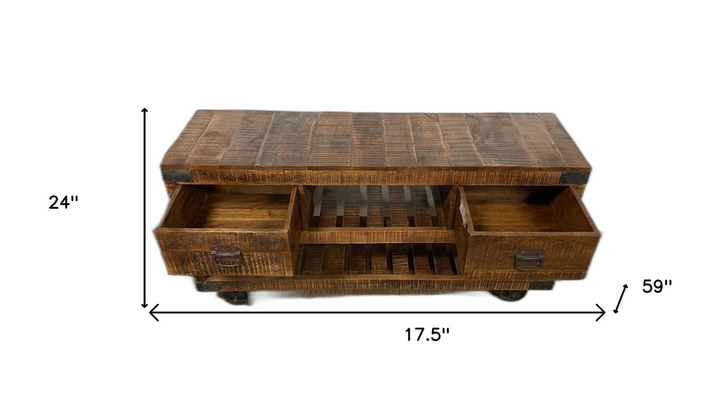 18" Brown and Black Solid Wood Distressed Wheel Console Table With Shelves And Drawers - Homeroots - Flyclothing LLC