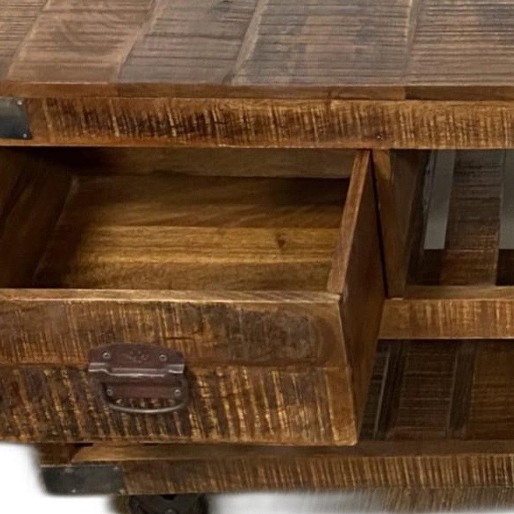 18" Brown and Black Solid Wood Distressed Wheel Console Table With Shelves And Drawers - Homeroots - Flyclothing LLC