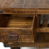 18" Brown and Black Solid Wood Distressed Wheel Console Table With Shelves And Drawers - Homeroots