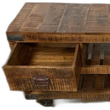 18" Brown and Black Solid Wood Distressed Wheel Console Table With Shelves And Drawers - Homeroots - Flyclothing LLC