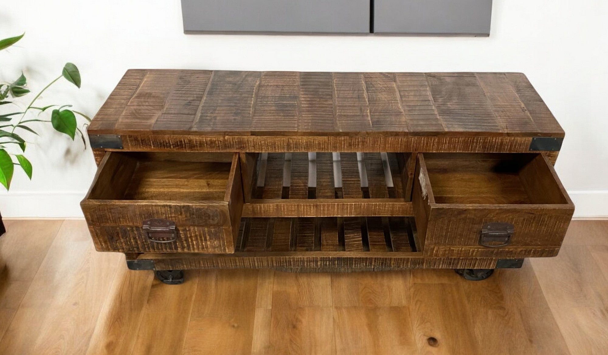 18" Brown and Black Solid Wood Distressed Wheel Console Table With Shelves And Drawers - Homeroots