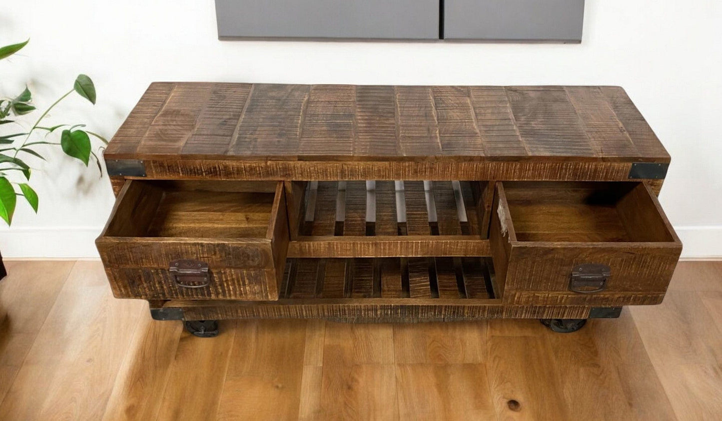 18" Brown and Black Solid Wood Distressed Wheel Console Table With Shelves And Drawers - Homeroots - Flyclothing LLC