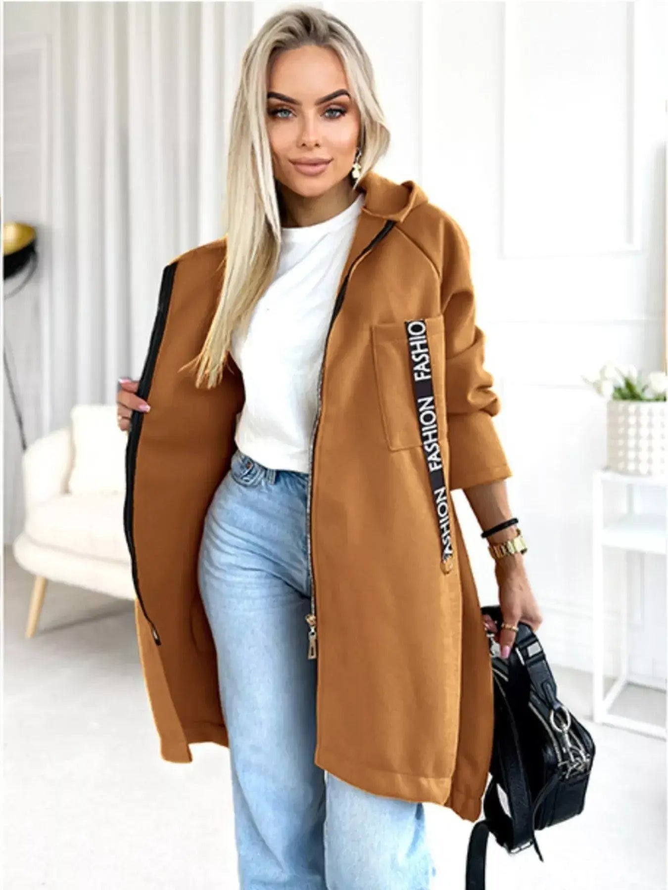 Full Size Zip Up Longline Hooded Outerwear Plus Size - Trendsi - Flyclothing LLC