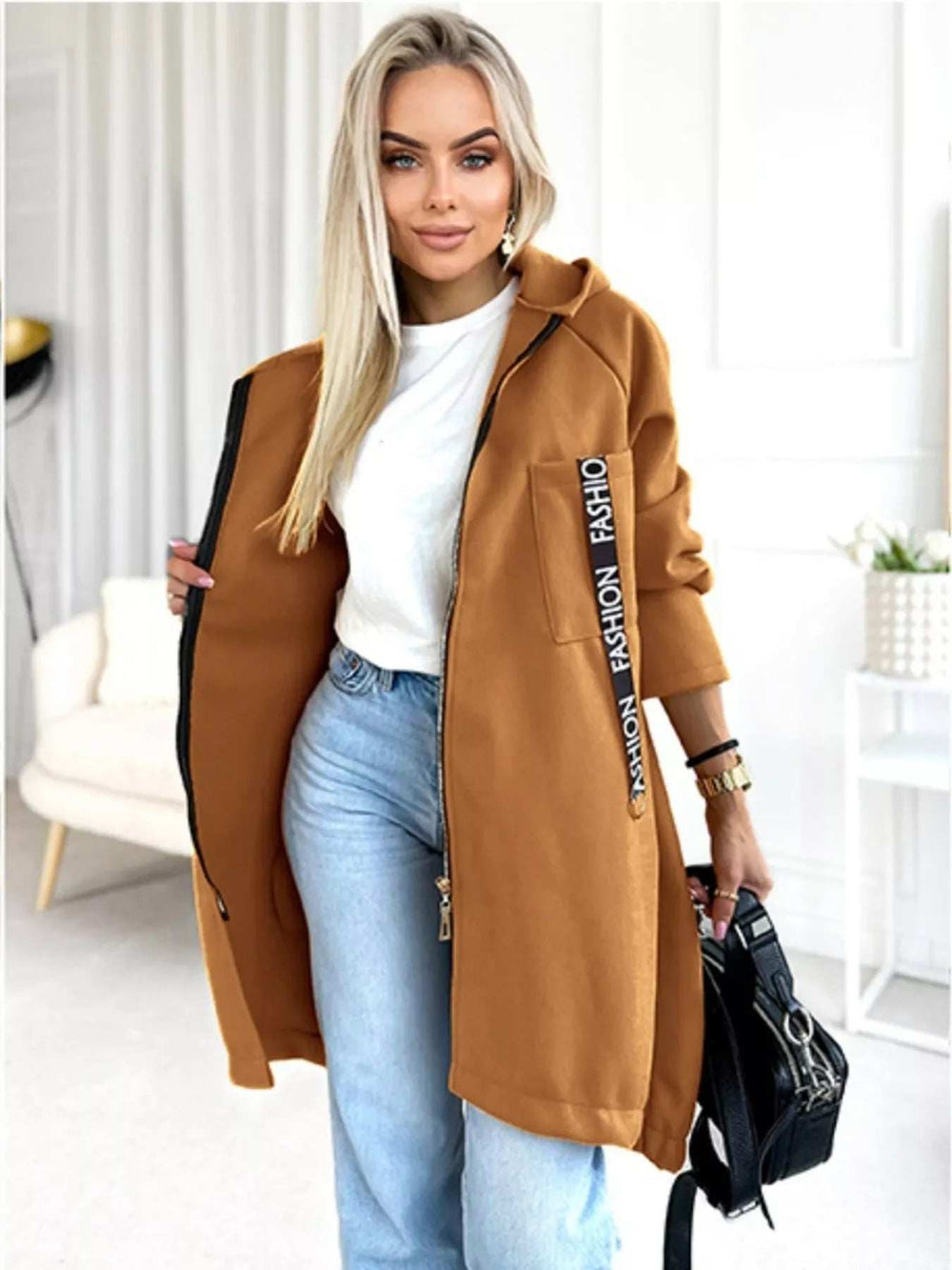 Full Size Zip Up Longline Hooded Outerwear Plus Size - Trendsi - Flyclothing LLC