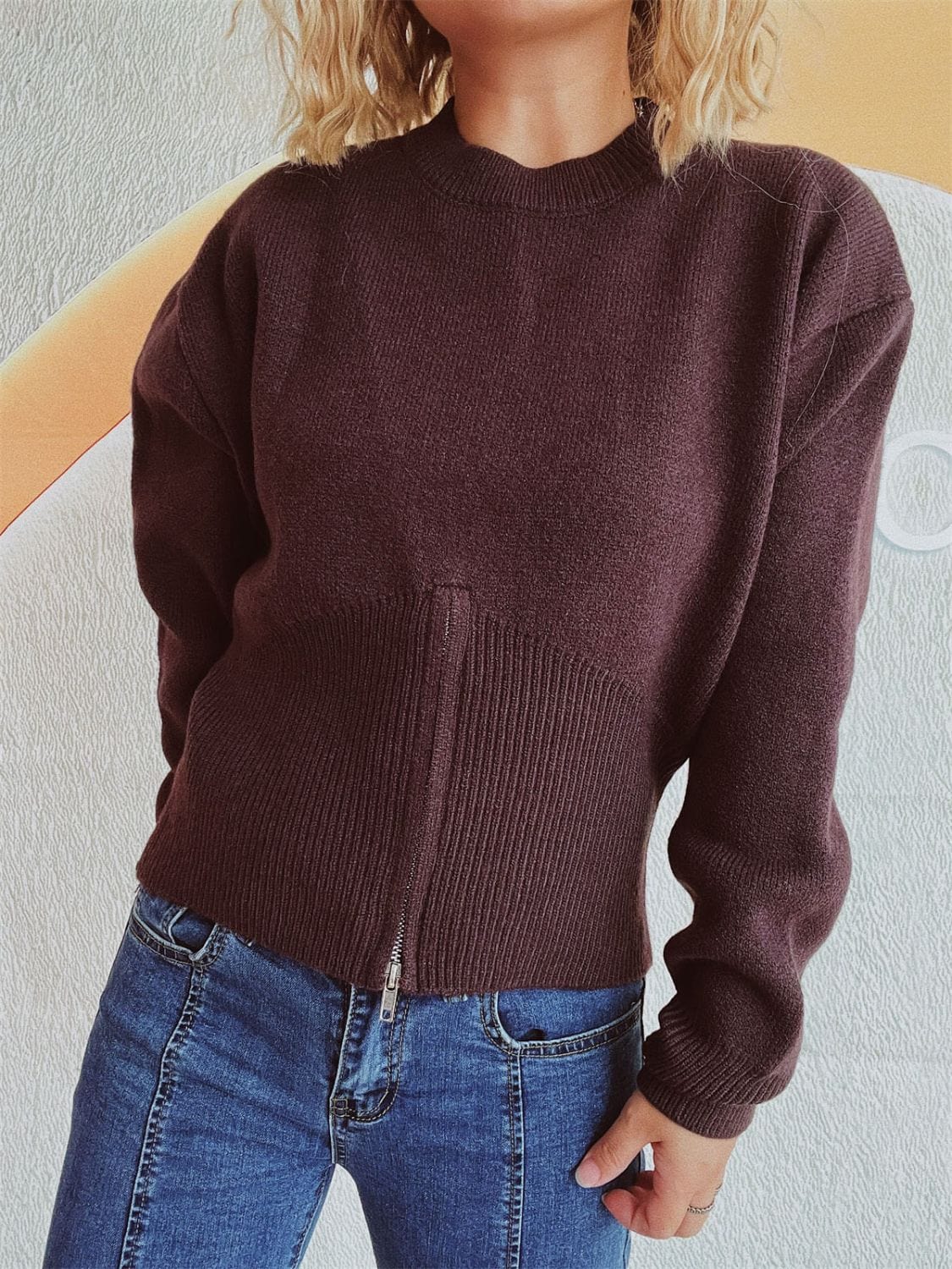 Round Neck Half Zip Long Sleeve Sweater - Trendsi