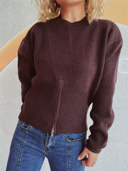 Round Neck Half Zip Long Sleeve Sweater - Trendsi