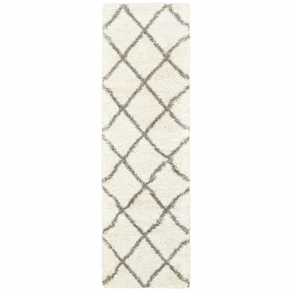 2' X 8' Ivory And Gray Geometric Lattice Runner Rug