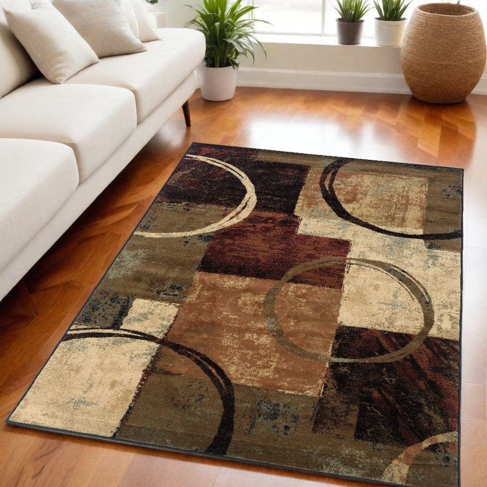 5' X 8' Brown And Black Abstract Geometric Area Rug - Homeroots
