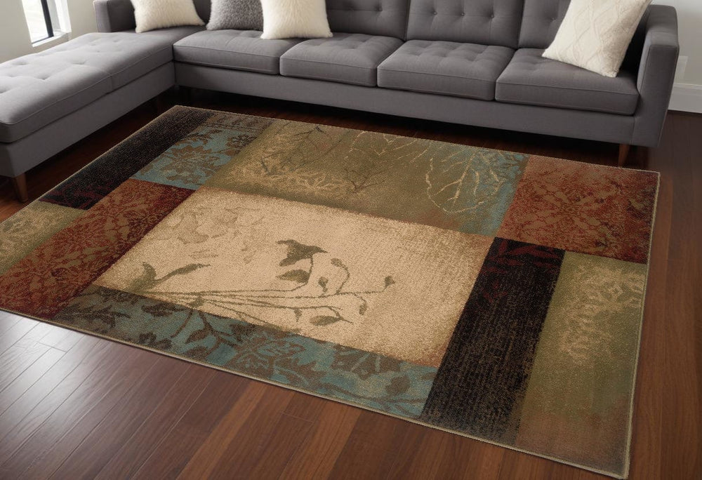 10' X 13' Beige And Brown Floral Block Pattern Area Rug - Homeroots