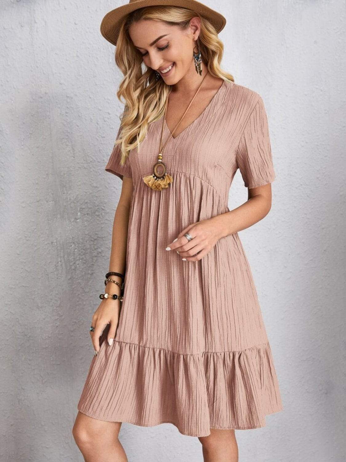 Full Size V-Neck Short Sleeve Dress - Trendsi - Flyclothing LLC