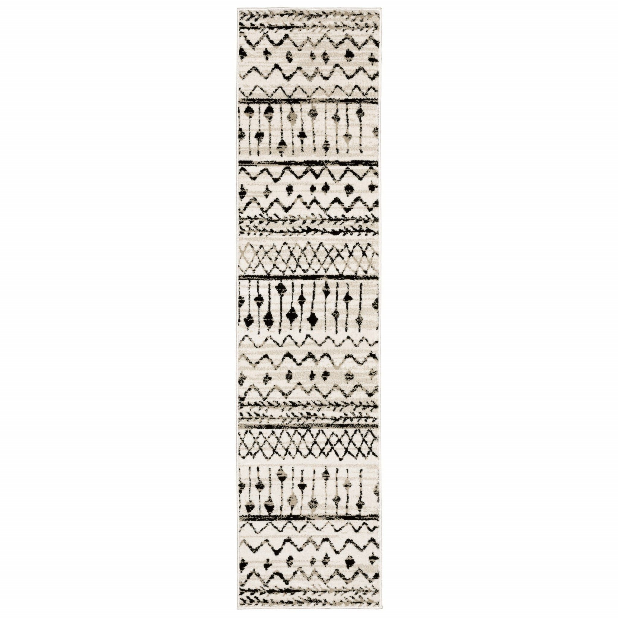 2' X 8' Ivory And Black Eclectic Patterns Indoor Runner Rug
