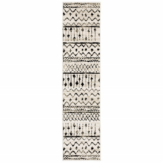 2' X 8' Ivory And Black Eclectic Patterns Indoor Runner Rug